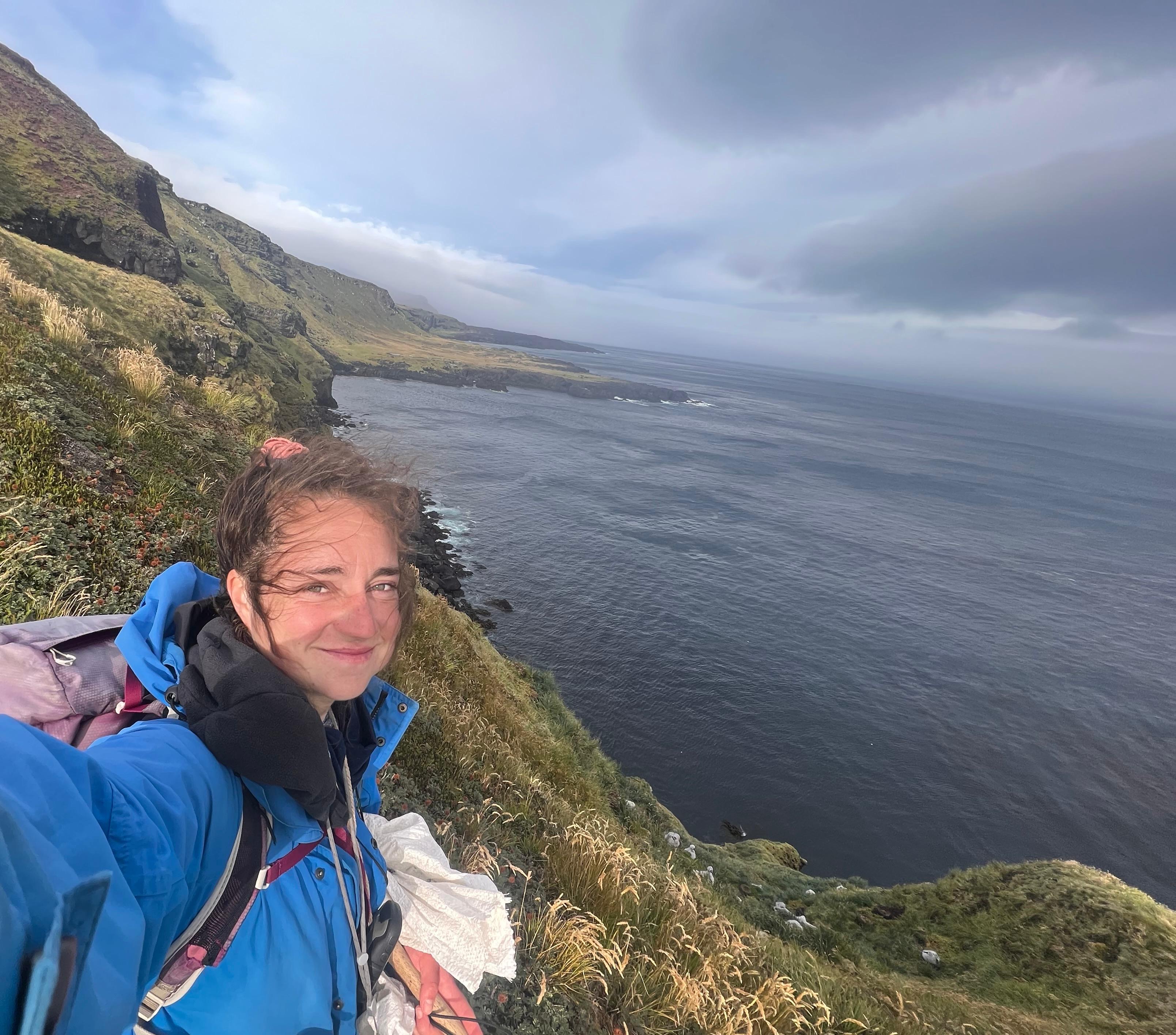 Camilla Smyth above Rooks Bay Marion Island selfie